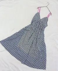 HCAE 幾何学柄 ロングキャミワンピース フリーサイズ ブルー系 シャーリング サイドファスナー 裏地付き マキシ丈 韓国製 春夏 リゾート