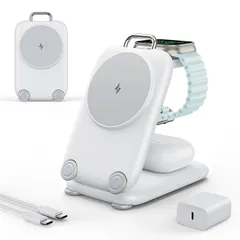 【新品】 Mukiya 3in1 ワイヤレス充電器 MagSafe充電器 折りたたみ式 3in1充電器 【20W USB-C充電器＋1.5mケーブル付き】 iPhone/Apple Watch/AirPods対応 3台同時充電 角度調整可能 マグネット式  1