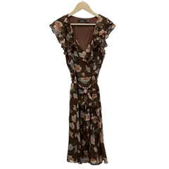 ラルフローレン ワンピース サイズ6 M レディース美品  - ダークブラウン×ベージュ×マルチ Vネック/ノースリーブ/ロング/花柄/フリル