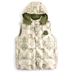 極美品△MONCLER GENIUS 2 モンクレール ジーニアス 2 22SS RABEH ロゴワッペン 総柄デザイン フード付き ダウンベスト ベージュ カーキ 1 正規品 メンズ