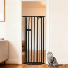RAKU ペットゲート 猫 高さ155cm 隙間間隔3.5cm ハイタイプ 突っ張り式 取付幅61.5-246cm選択可能 前後90°開閉 オートクローズ 専用スロープ付き 子猫通り抜け防止 穴開け不要 取付簡単 ベビーゲート (ブラック, 取付幅66.5?7