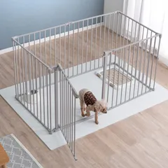 タンスのゲン ペットサークル 151×76×76cm 【実用新案登録】バリアフリー 6面 両開き ダブルロック ドア 折りたたみ可能 レイアウト自由 シニア犬 室内 グレージュ 64900010(87795)