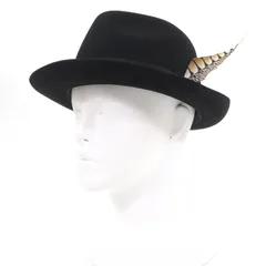 極美品☆RALPH LAURENPURPLE LABEL ラルフローレンパープルレーベル FEDORA WITH SIBGLE FEATHER PHILIP TREACY ウール100％ ハット ブラック F 箱付き イギリス製 正規品 レディース