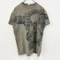 古着 used　ノーブランド　半袖プリントTシャツ　スカル　エレキギター　ロックデザイン　クルーネック　カーキ色　Mサイズ