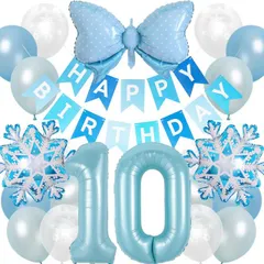 Lausatek バルーン 誕生日 10歳 風船セット HAPPY BIRTHDAY バースデー ガーランド バースデー 飾り付け 数字10 雪 蝶結び 装飾 お祝い イベント 子ども 男の子 女の子 青 ブルー