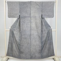 A◇着物くつろぎ 単衣 塩沢紬 絣模様 縮緬 グレー 正絹 小紋 着物 110 