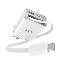 【新品】 TOPADRE 65W 急速充電器 Type-C 巻き取り式 【95CMコード内蔵】 折りたたみプラグ【PSE技術基準適合/GaN採用】 PD 充電器 3ポートケーブルー体型 PD/QC3.0/PPS規格対応 Macbook/iPhone/iPa 1