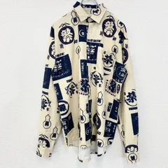 古着 used　半袖プリント総柄シャツ　レトロデザイン　酒屋風　焼酎　個性的　ショップロゴ　和　ベージュ　アイボリー