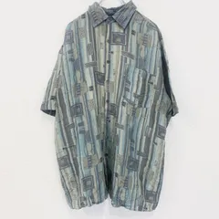 古着 used　半袖プリント総柄シャツ　レトロデザイン　個性的　幾何学　胸ポケット　アート　ブルー　青　グレー　灰　