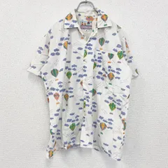 古着 used　半袖プリント総柄シャツ　開襟　レトロデザイン　個性的　アロハ　気球柄　バルーン　白　ホワイト