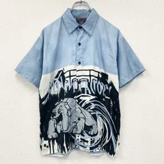 古着 used　Urban　半袖デザインシャツ　ライトブルー　水色　レトロデザイン　総柄　個性的　夏物　XSサイズ