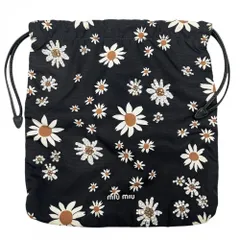 ミュウミュウ ポーチ レディース デイジー フラワー 巾着 MIUMIU ナイロン ラインストーン ブラック 黒 ホワイト 白【中古品】