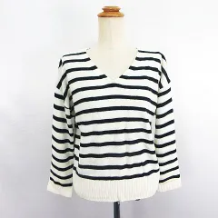 イーハイフンワールドギャラリー E HYPHEN WORLD GALLERY ニット チュニック セーター 長袖 ドロップショルダー Vネック ボーダー F ホワイト×ブラック ※EKM
