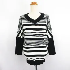 GRAND GLOBAL ニット セーター 長袖 ドルマンスリーブ Vネック ボーダー ラメ F ブラック ※EKM