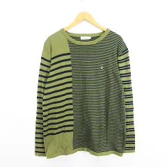 ハッシュパピー Hush Puppies ニット セーター 長袖 丸首 ボーダー ロゴ コットン LL オリーブ×ネイビー ※EKMのサムネイル