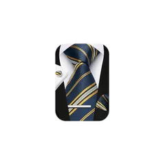 [HISDERN] イエロー ネクタイ メンズ ビジネス ネクタイ チーフ タイピン カフスボタン 4点セット ストライプ柄 就活 入学式 卒業式 二次会 父の日 プレゼント A4-01 1