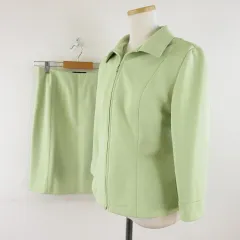 ロペ ROPE スカートスーツ セットアップ ジップアップジャケット 七分袖 ミニ 黄緑 M *A805