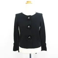 ストロベリーフィールズ STRAWBERRY-FIELDS ニット カーディガン 長袖 丸首 リボン ミンクファー ビジュー ウール混 ブラック ※EKM