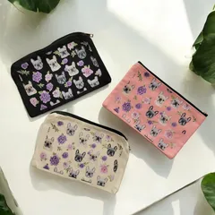 フレンチブルドッグ 花柄 フラットポーチ 小物入れ 3点セット 黒 白 ピンク 犬 フレブル まとめ売り