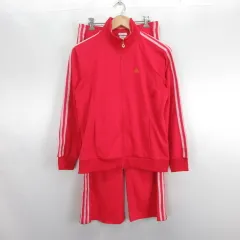 アディダス adidas セットアップ 上下 ジャージ ジャケット 長袖 ジップアップ パンツ ロング丈 ブーツカット ライン ロゴ S レッド スポーツウェア ※EKM