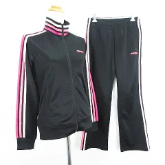 アディダスネオ adidas neo セットアップ 上下 ジャージ ジャケット 長袖 ジップアップ パンツ ロング丈 ライン ロゴ S ブラック×ピンク スポーツウェア ※EKM