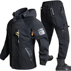 [Ｋａｙｉｙａｓｕ] 作業着 上下セット メンズ ウインドブレーカー 春服 耐久防水 防風 防寒着 保温 大きいサイズ フード付き 取り外し可能 多ポケット 登山ジャケット 釣り バイク アウトドア かっこいい 春秋冬 (4XL 黒柄) 0