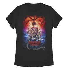 アニメキャラクター レディース トップス Tシャツ Licensed Character Juniors Stranger Things Group Shot Poster Fade Tee Black ブラック