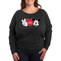 ディズニー レディース トップス Tシャツ プラスサイズ パイル Disneys Mickey Mouse Plusize Peace Love French Terry Long Sleeve Tee Heather Charcoal チャコール