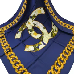 CHANEL シャネル チェーン 花柄 シルク スカーフ ネイビー 管理番号：11085
