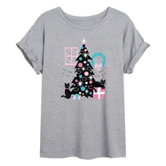 アニメキャラクター レディース トップス Tシャツ Licensed Character Juniors Cats and Christmas Tree Oversized Tee Gray グレー