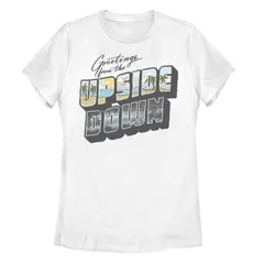 アニメキャラクター レディース トップス Tシャツ ダウン グラフィック Licensed Character Juniors Stranger Things Upside Down GreetingsGraphic Tee White ホワイト