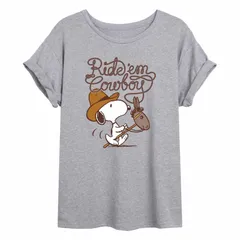 アニメキャラクター レディース トップス Tシャツ Licensed Character Juniors Peanutsnoopy 34Ride Em Cowboy34 Oversized Tee Gray グレー