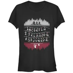 アニメキャラクター レディース トップス Tシャツ グラフィック Licensed Character Juniors Stranger Things Alphabet Lights Fitted Graphic Tee Black ブラック