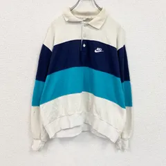古着 used　～90s　NIKE　ナイキ　長袖ポロシャツニット　銀タグ　ヴィンテージ　ホワイト　ネイビー　ライトブルー　XLサイズ
