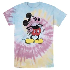 ディズニー メンズ トップス Tシャツ Disneys Mickey Mouse Mens Hands on the Hipose Wash Tee Blue Pink Light Yellow ブルー