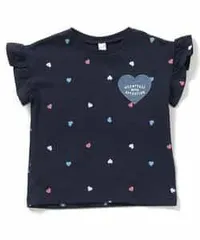 新品　apres les cours（アプレ レ クール） キッズ トップス 半袖Tシャツ　80㎝　90㎝　 ハート・フラワーアップリケフリルTシャツ　ネイビー　半袖　ハート　ベビー