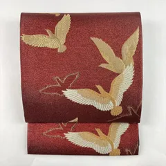 たんす屋 リユース帯 帯 （中古）京袋帯 赤 カジュアル セミフォーマル 六通  織り 羽ばたく鳥 絹 洗い済 7650002181905