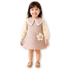 [Lezalic] キッズ ワンピース ピンク チェック柄 飾り花ポシェット 袖刺��レース 入園式 フォーマル 発表会 結婚式 誕生日 お出かけ (110cm) [110cm]