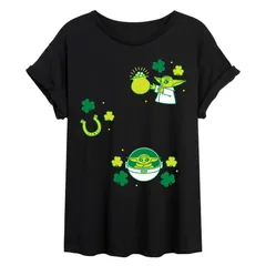 スター ウォーズ レディース トップス Tシャツ Juniors Star Wars The Mandalorian Grogu St Patricks Day Oversized Tee Black ブラック