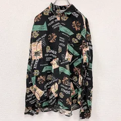 古着 used　CAROCHE　長袖プリント総柄シャツ 黒　ブラック　緑　グリーン　オレンジ　XLサイズ