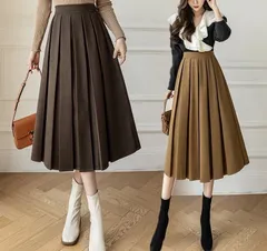 再入荷 プリーツスカート マキシスカート 秋冬 レディース Aライン フレアスカート ラシャスカート 無地 ボトムス ウエストゴム 体型カバー おしゃれ 上品 大人