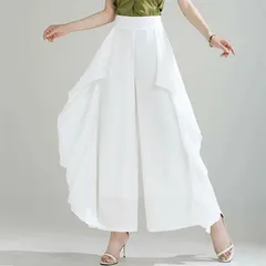 再入荷 ワイドパンツ シフォン パンツ 即購入OK レディース 新作 フリル アシンメトリー ロングパンツ チノパンツ 薄手 シフォンパンツ ワイド ロング パンツドレス ボトムス 無地 ゆったり 体型カバー 大きいサイ