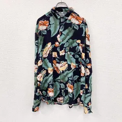 古着 used　CARDCHE　長袖総柄デザインシャツ　アロハシャツ　マルチカラー　紺　ネイビー　緑　グリーン　2XLサイズ