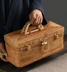 極美品★新作★竹工芸 提籃籠 收納盒 茶道具籠 茶具 竹細工 收納 未使