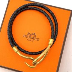 エルメス ジャンボチョーカー 編み込み2連 ブレス ゴールド 黒 レザー