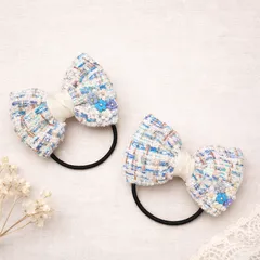 ブルーツイードと小花のリボンヘアゴム