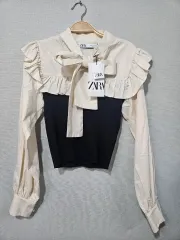 (新品) ザラ リー リボン フリル ブラウス ニット バイカラー