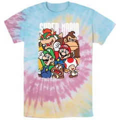 アニメキャラクター メンズ トップス Tシャツ グラフィック Licensed Character Mens Nintendo Super Mario Bros Happy Group Tie Dye Graphic Tee Blue Pink Light Y