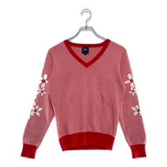 中古 レディース キャロウェイ Callaway セーター M レッド 赤 長袖 Vネック 花柄 コットン