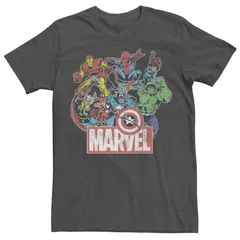 アニメキャラクター メンズ トップス Tシャツ ヴィンテージ Licensed Character Mens Marvel Avengers Team Retro Comic Vintage Tee Charcoal Heather チャコール